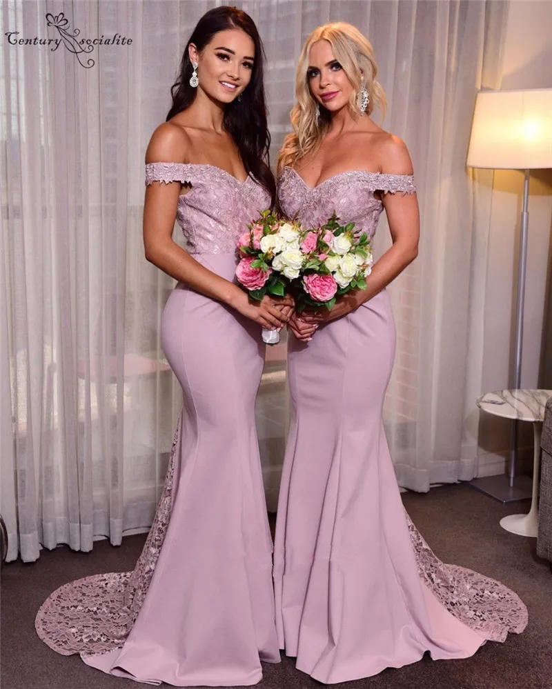 Pink Long Lace Bridesmaid Dresses Mermaid Off Shoulder Zipper Sweep Train Cheap Wedding Guest Dress Maid Of Honor Prom Gown 2020 | Свадьбы и