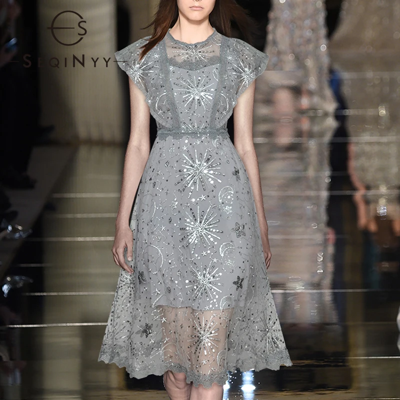 

SEQINYY Party Dress 2020 Summer Spring New Fashion Design Women Short Sleeve Embroidery Lace Mesh Sequined A-line Knee Dress