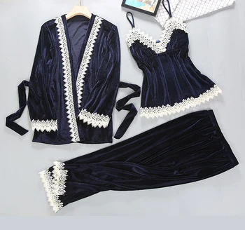 

Female 3PCS Pajamas Suit Velvet Sleepwear Velour Casual Lace Sleep Set Winter Nightwear Long Sleeve V-neck Home Clothing