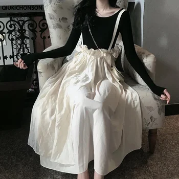 

Qiukichonson Summer Long Skirts Womens Maxi Skirt Kawaii Lolita Style Frill Ruched High Waisted Suspender Skirts Ladies Overalls