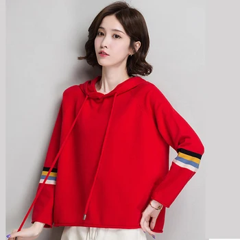 

2020 Spring Autumn New Knit Sweater Plus Size Loose Women Red tops Cotton Casual Pullover Rainbow Striped Sleeve Short sweater