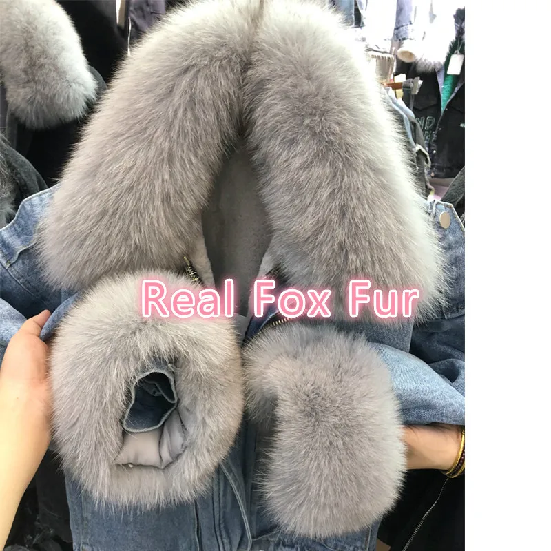 price cut  Real Fox Fur Collar Denim Jacket Women 2019 Winter Coat Loose Fox Fur + Faux Rabbit Fur Liner Detac