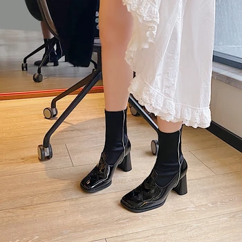 

High Heels Boots Women Cow Leather Ankle Boot Square Toe Square Heel Shoes Female Fashion Party Zip Shoes Ladies Spring 2020 New