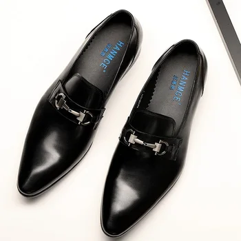 

Men Genuine Leather Slip On Pointed Toe Dress Shoes Waxing Process D Buckle Decoration Vintage Classic Male Formal Shoes Men F35
