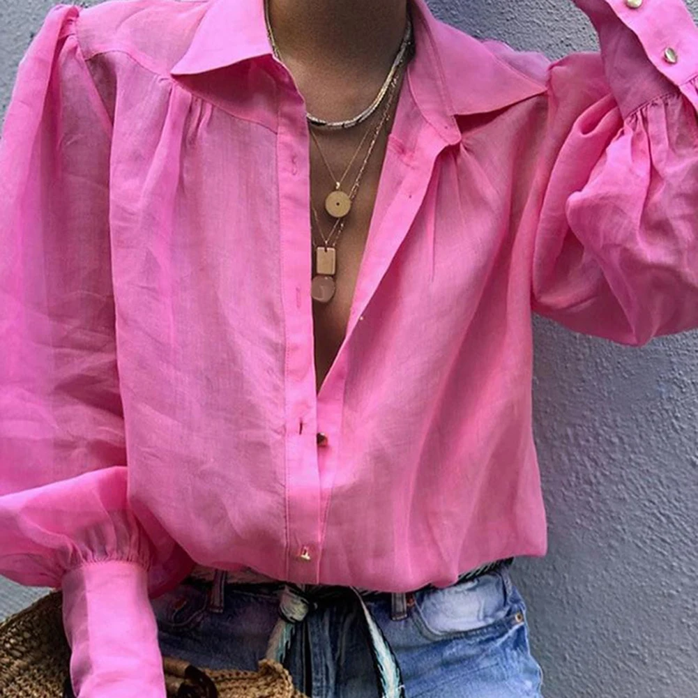 Fashion Office Lady Solid Color Turn Down Collar V Neck Long Sleeve Shirt Blouse