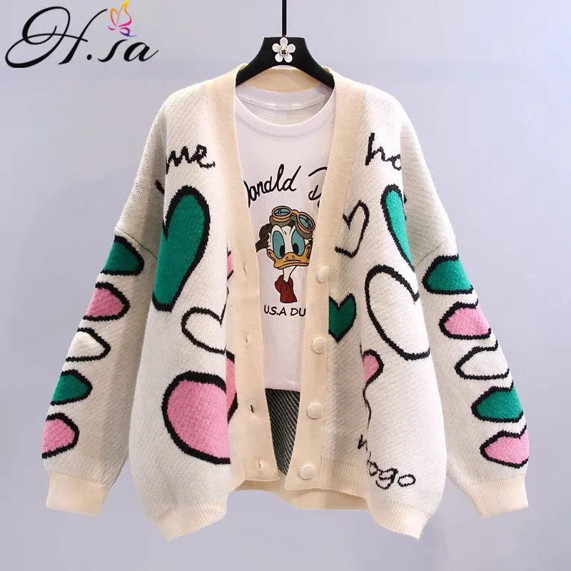 HSA Trendy Style Women Long Sweater Cardigan 2021 Autumn New Korean Sweet Heart Printed Oversized Knitting Jacket Coat |