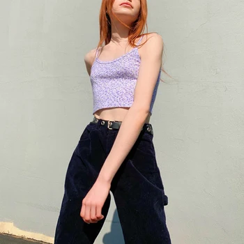 

2020 e-girl Spaghetti Strap Floral Graphic Cropped Tops Y2K Fashion Print Backless Purple Camis Tops Chic Summer Cute Tank
