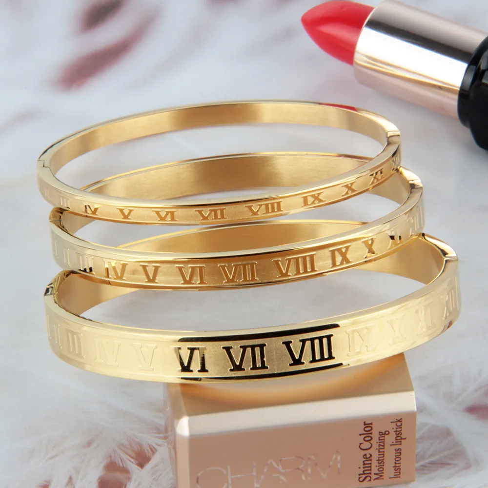 4mm 6mm 8mm Wide Stainless Steel Carving Roman Numerals Gold Color Men Bangle Lover Cuff Bangle Woman Jewelry For Gift D09 bangle bracelet stainless steel bracelet