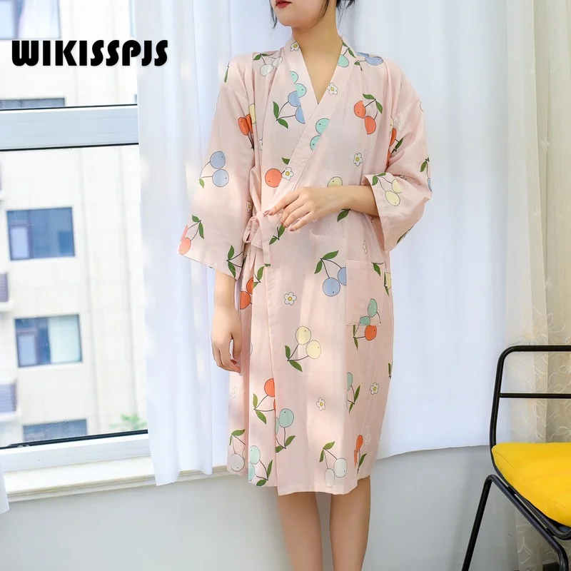 

WIKISSPJS Summer Cotton Kimono Spring Autumn Thin Style Japanese Clothes Bathrobe Pajama Nightdress Nightgown Female Bathrobe