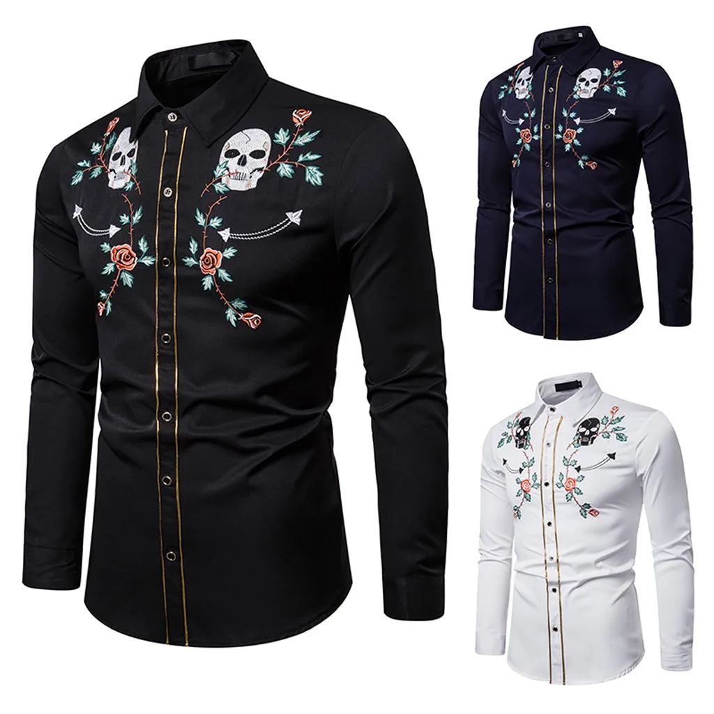 Fashion Ethnic Lapel Long Sleeve Shirt Top Blouse chemise homme Black Horror Skull Embroidery Printing shirt for Men Leisure