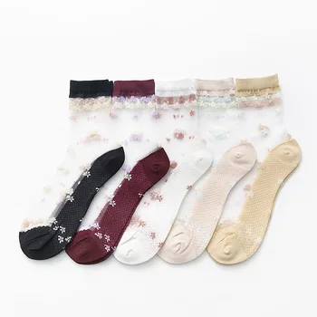 

Dreamlikelin Japanese Style Sweet Summer Crystal Socks Small Floral Glass Silk Women Girls Thin Short Socks