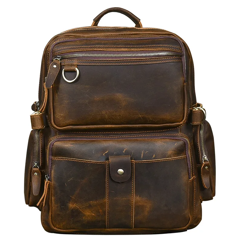 PNDME винтажный высококачественный мужской рюкзак из натуральной кожи, роскошный рюкзак crazy horse из воловьей кожи с несколькими карманами для путешествий, 14 дюймов, сумка для ноутбука - Цвет: Brown