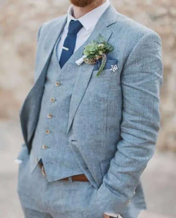 Spring Summer Custom Made Light Blue Linen Men Suits Wedding Suits Slim Fit 3 Pieces Tuxedos Best Man Suits (Jacket+Pants+Vest)