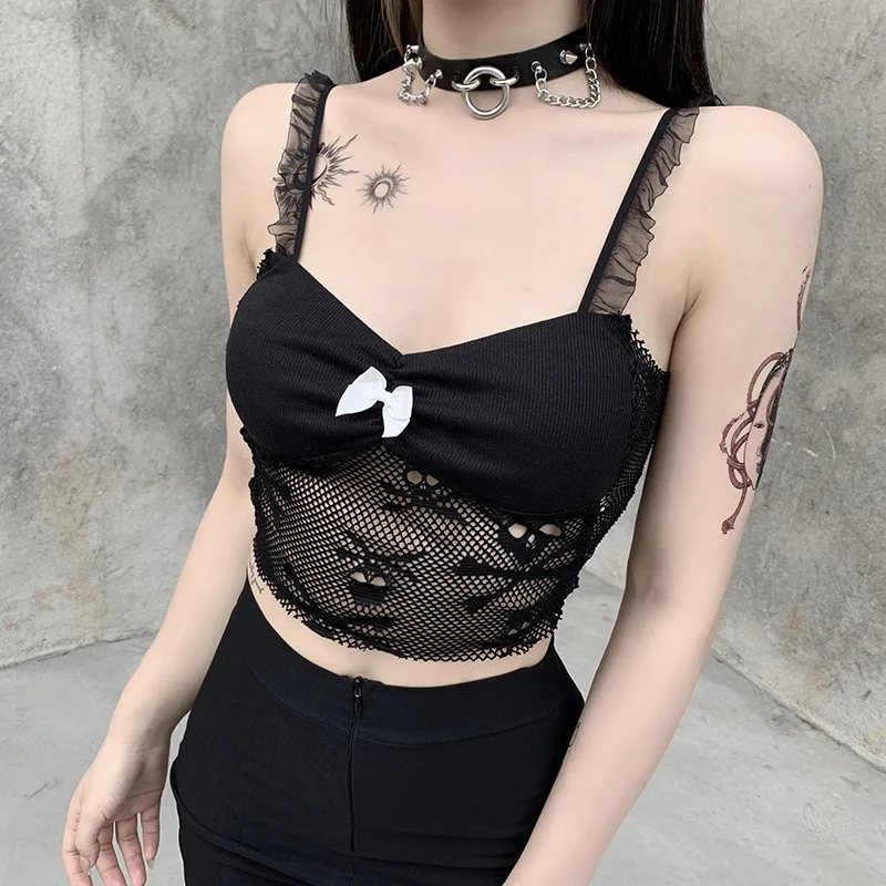Sexy Summer Gothic Women Camis 2021 Hipster Cool Bow Skull Mesh Strapless Basic Street Camisole Short Length Hollow Out Top