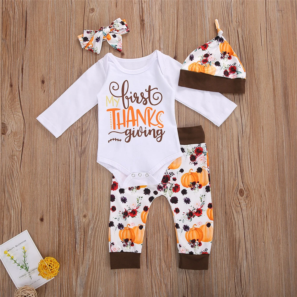

WenaZao Infant Toddler Newborn Baby Suit Set Floral Print Round Neck Long Sleeve Baby Romper+ Trousers+ Headband+ Hat White
