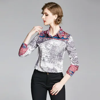 

Spring Fashion Printed Women Long Sleeve Shirts Blouse Lapel Retro Streetwear Chiffon Top Womens Tops and Blouses QY33230