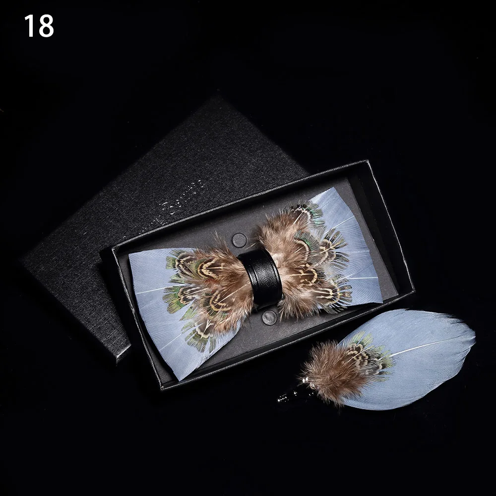 Ricnais натуральный Для Мужчин's брод перо галстук-бабочка, изысканный ручной работы с бантом, булавка-брошь, подарок, набор в коробке для Для мужчин Свадебная вечеринка аксессуары - Цвет: 18