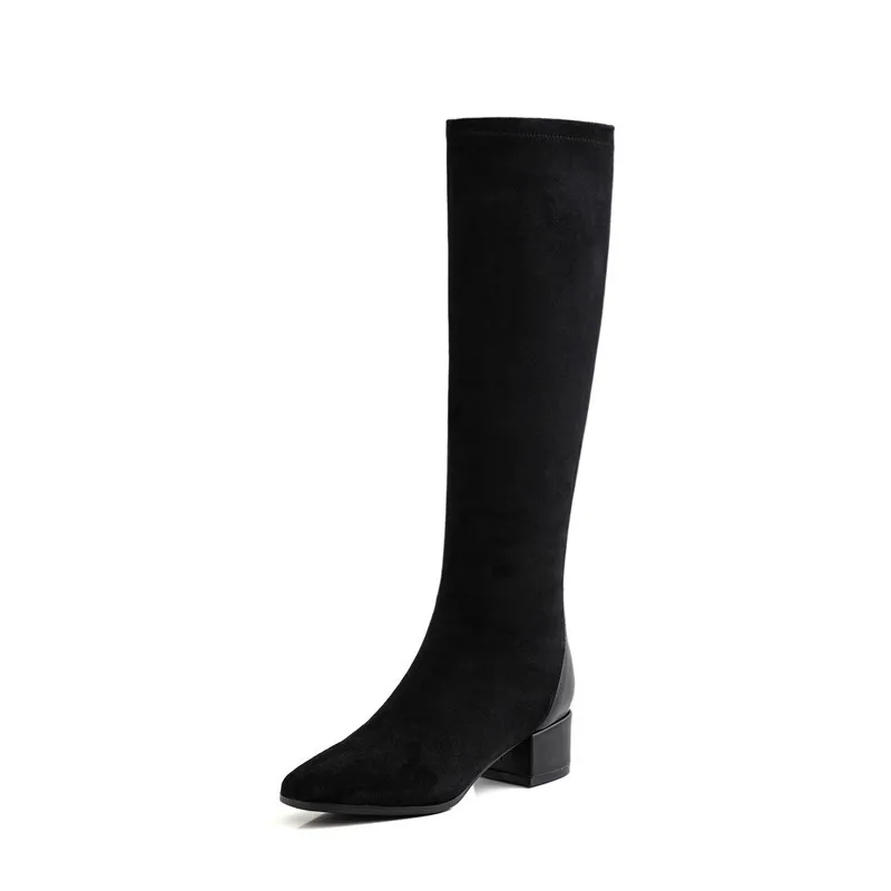 black flock MEMUNIA/ г., сапоги до колена из высококачественной натуральной кожи женские классические простые осенне-зимние высокие сапоги женская повседневная обувь - Цвет: black flock