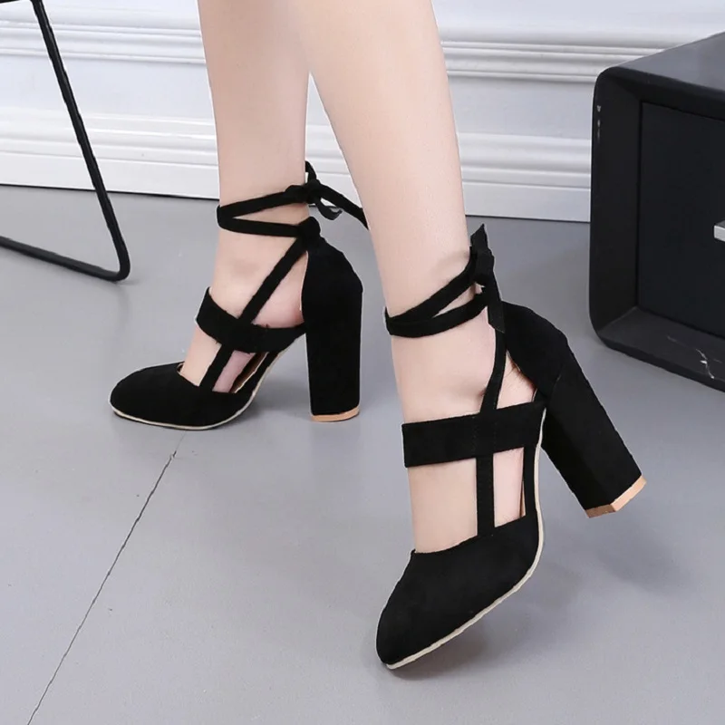 

2020 Spring New Thick Heels High Heels Ankle Band Strap Hollow Women's Single Shoes Fashion Large Size Shallow Heels