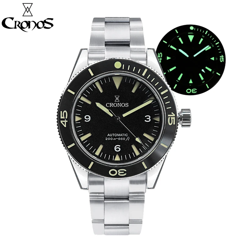 Men Watch Diver Sandwich-Dial Metal-Band Cronos Sea-Master NH35 Automatic 300 200M Rotating-Bezel