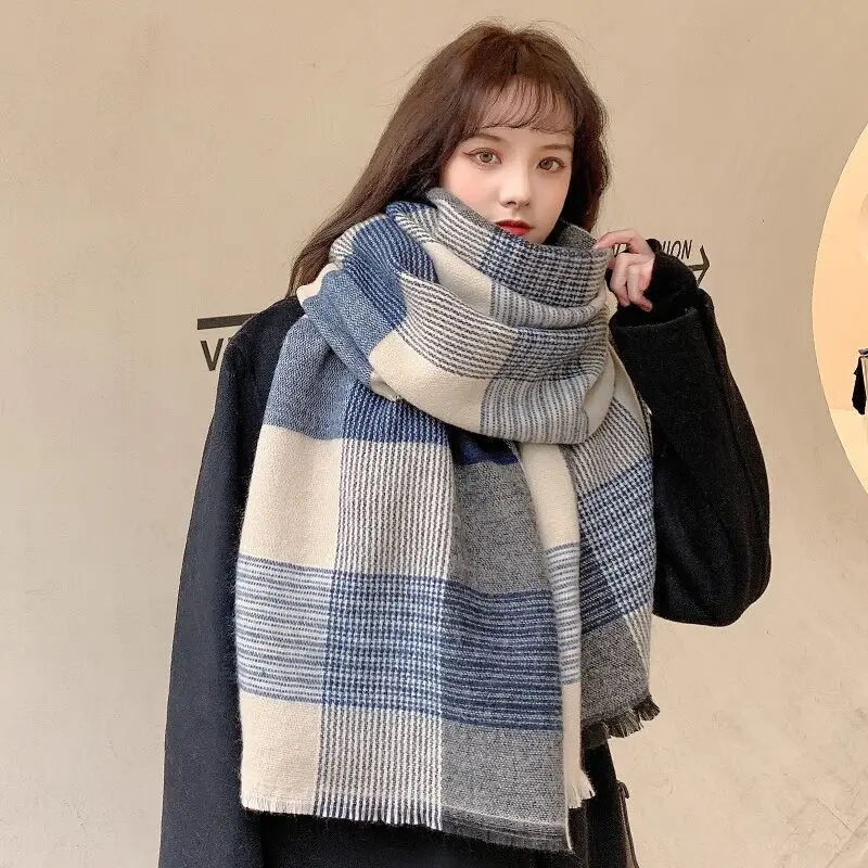

New women winter blue plaid cashmere scarf warm shawl thickened bib scarf