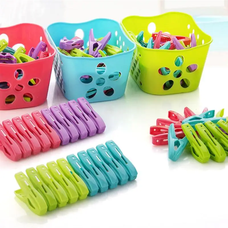 60pcs Plastic Small Clips Clothespin Windproof Sock Bra Clothes Laundry Clips with 2PCS Storage Baskets(Random Color