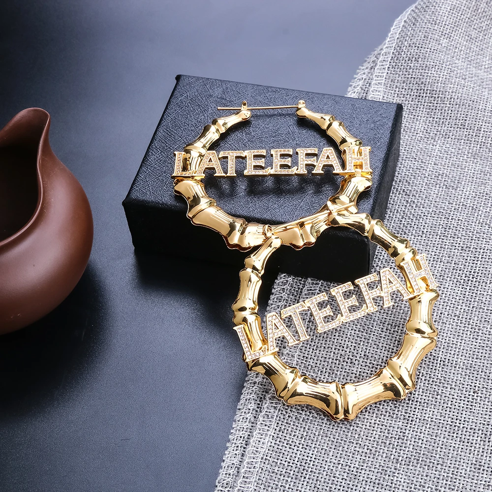 Lateefah 70mm Hiphop Sexy Bamboo Earrings Customizable Customize Name Earrings Bamboo Style Custom Hoop Earrings With Statement