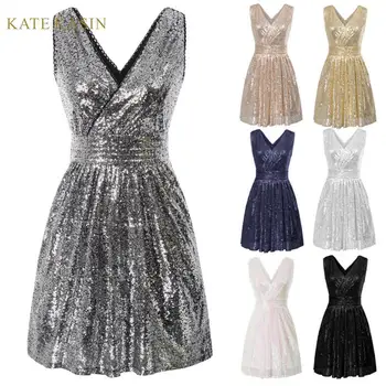 

Kate Kasin Women Sequin Short Evening Party Dress Summer Sleeveless V Neck Prom Dress Gown Sequined Flared A-Line Dresses Femme