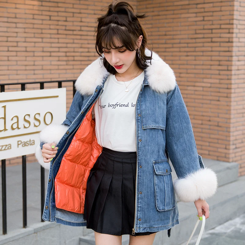 

Winter Women's Down Jacket Autumn Large Fur Collar Jeans Coat Female Korean Warm Duck Down Jacket Vintage Thick Top 19612