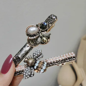 

Hairpin Bronze Color Rhinestone Barrette Pearl Bee Side Clip Imitation Diamond Hairclip Headwear Styling Tools Accessories