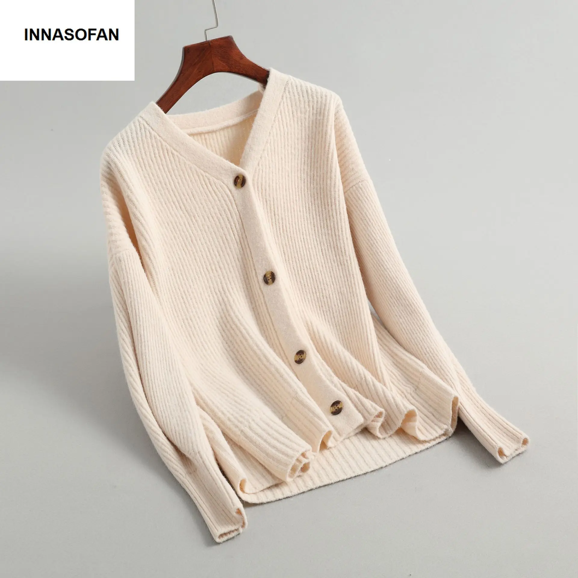INNASOFAN knitted sweater female Autumn Spring long-sleeved cardigan Euro-American fashion chic V-neck solid color |