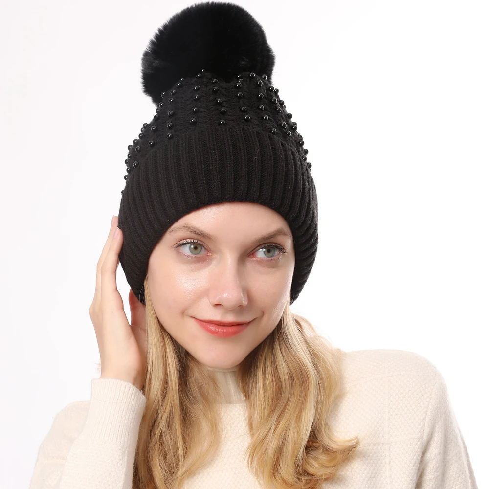 Новые Брендовые женские толстые шляпы новые зимние шапки для женщин норка и лиса шапка с помпоном вязаные шапки с бусинами для девочек и женщин