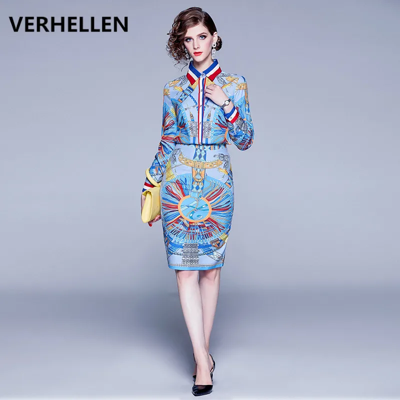 VERHELLEN/модный костюм высокого качества для подиума г. Осенняя женская блузка с длинными рукавами и принтом+ облегающая юбка Женский комплект 2 шт
