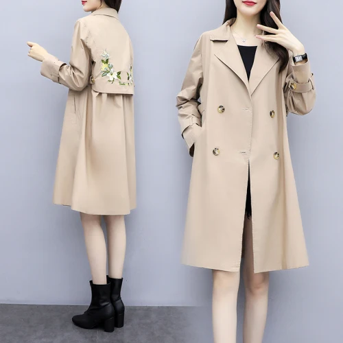 

2020 Spring New Double Breasted Women Embroidered Trench Coat Floral Casual Plus Size 4xl 5xl Loose Fashion Korean Windbreaker