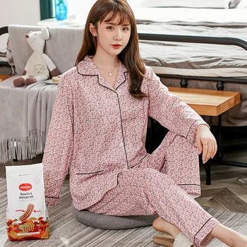 

Casual Striped Cotton Pajamas Sets for Women Spring Long Sleeve Cartoon Print Sleepwear Loungewear Homewear Pijama Mujer Clothes