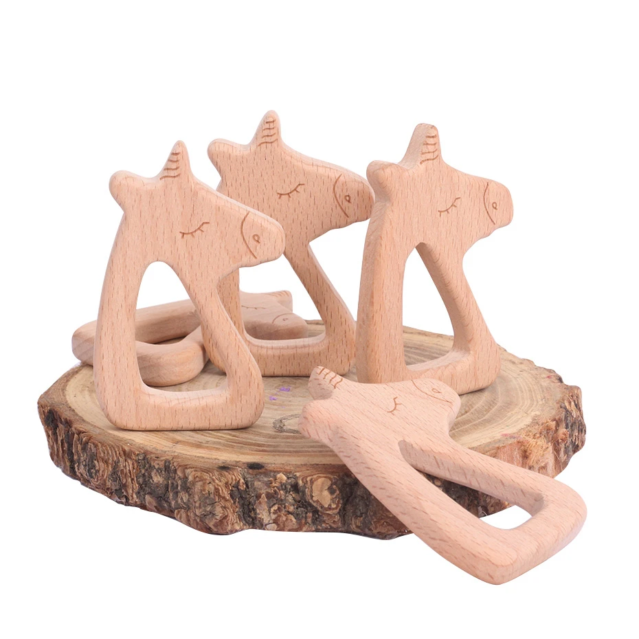 3pc baby wooden teether Mustang shape latex free beech cartoon baby teeth self made necklace pendant