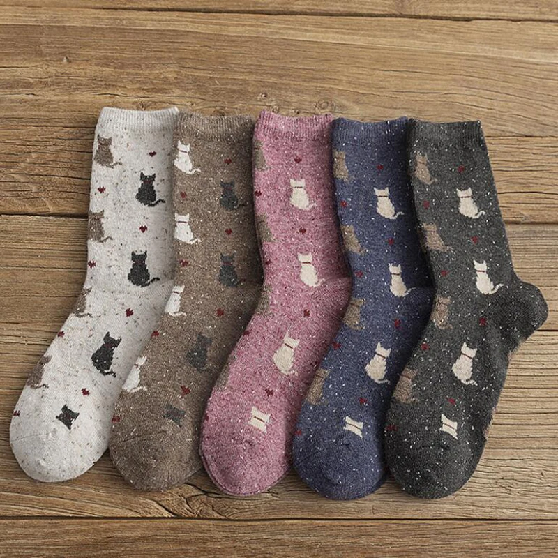 Милые Шерстяные носки с котом женские толстые носки женские корейские теплые зимние забавные носки уличная школьная одежда calcetines