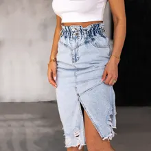 

2021 Denim Midi Skirt Ripped Button Elastic Split Light-Colored Washed Denim Pencil Skirts High Waist Ripped Buttock Half-Length