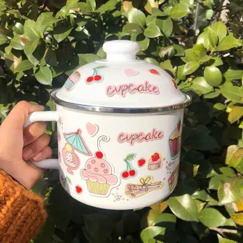 

Japanese cartoon porcelain enameled enamel cup with lid large size teapot tea water coffee soup cup rice noodle pot mug