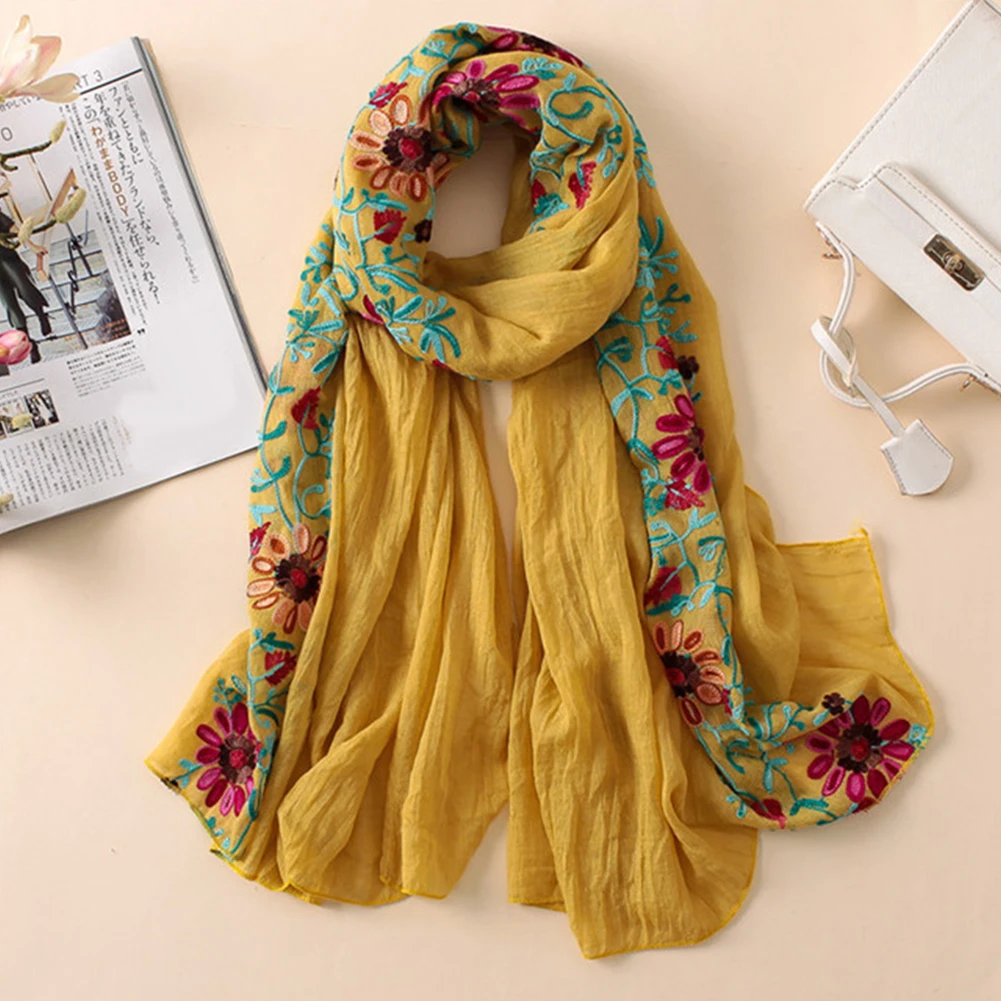 Вышитые шарф с цветами хлопковая Для женщин длинный широкий шарф банданы шарфы шаль для девочки подарок