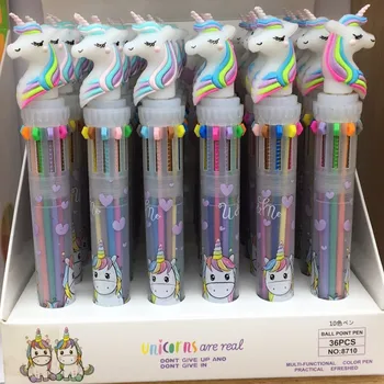 

36PCS Ten-color Unicorn Ballpoint Pen Cartoon Girl Heart Multi-color Press Ballpoint Pen Student Multi-function Hand Mark Pen