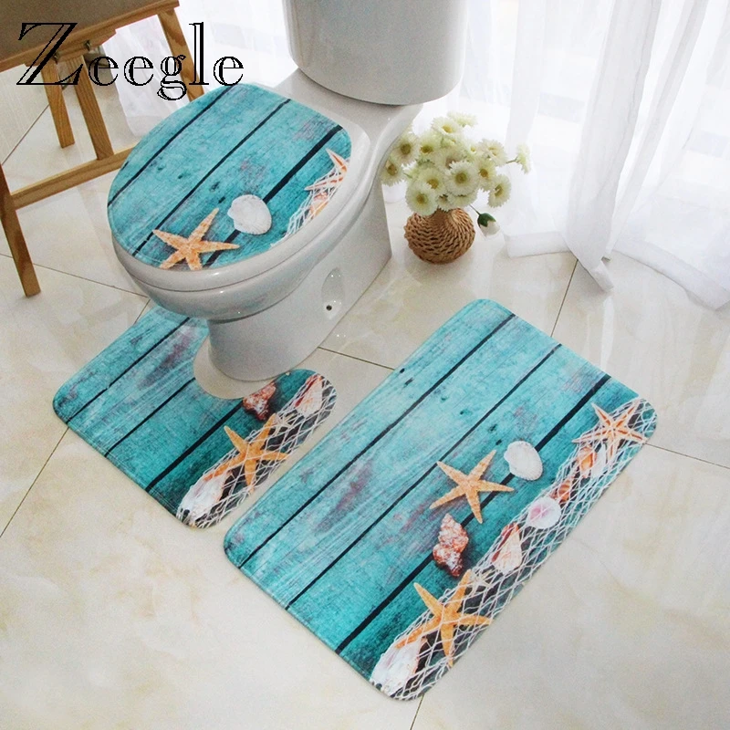 Bath Mat Set Anti Slip Carpet Bathroom Rug Shell Starfish Printed Bathroom Cover Toilet Seat Mat Absorbent Soft Toilet Foot Mat