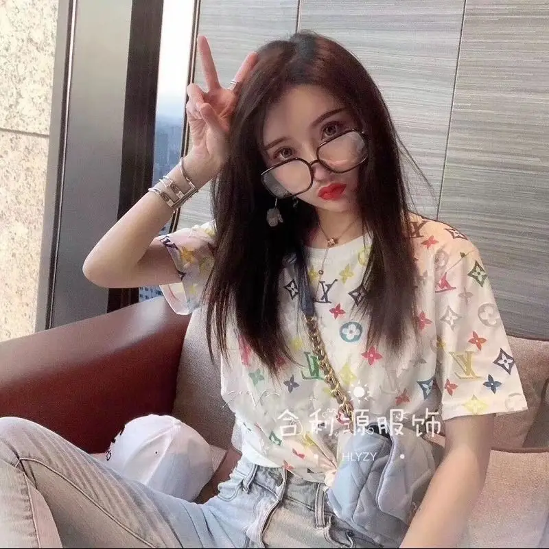 Female student han edition loose t-shirts with short sleeves personality color printing top 2021 spring coat short sleeve t