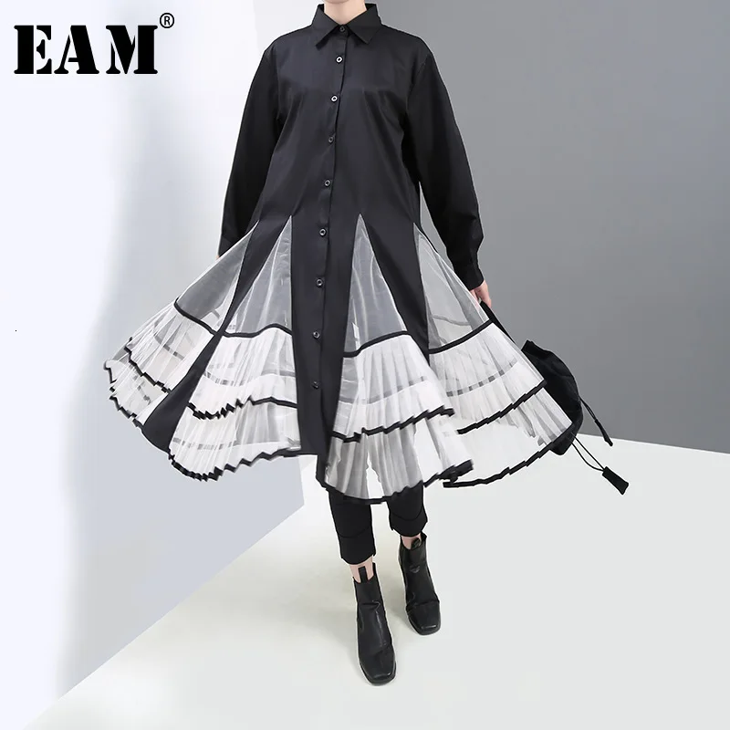 

[EAM] Women Black Organza Pleated Temperament Dress New Round Neck Long Sleeve Loose Fit Fashion Tide Spring Autumn 2019 1H866