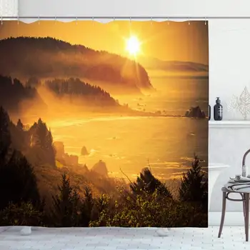 

Shower Curtain Set with Hooks 72x72 Eureka California Coastal Sunset City Forestry Shoreline Spring Between Hill Wavy Nature