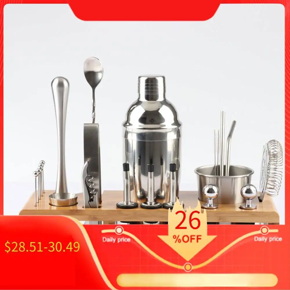 

23pcs Stainless Steel Cocktail Shaker Set Barware Kit with Square Wooden Rack for Bartender Drink Party Bar Tools