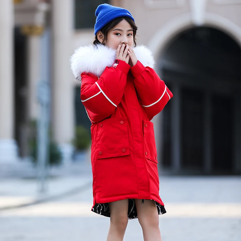 Olekid/ утепленная теплая зимняя куртка для девочек пуховая куртка с капюшоном и рисунком граффити для девочек, От 5 до 14 лет Детское Двустороннее пальто - Цвет: Красный