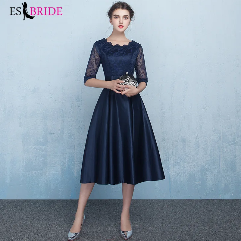 

Navy Blue Elegant Evening Dresses Long ES30101 A-Line Scoop Neck Half Sleeve Cheap Satin Formal Party Gowns Dluga Sukienka 2019