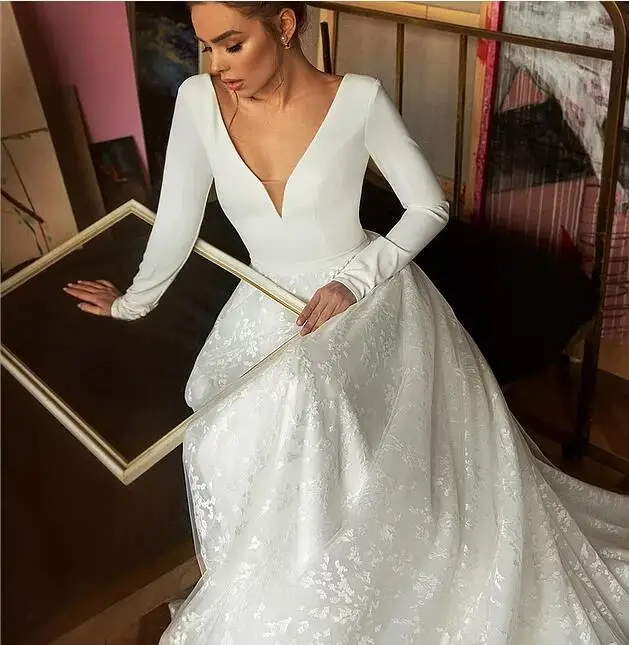 Booma-Lace-Wedding-Dresses-2020-Long-Sleeve-V-neck-Boho-Bridal-Gowns-Satin-Backless-White-Vestido (2)