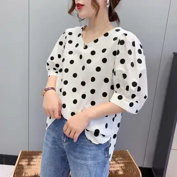 

KYQIAO bluzki damskie women tops mujer female summer Japanese style vintage short sleeve v neck white dot blouse shirt